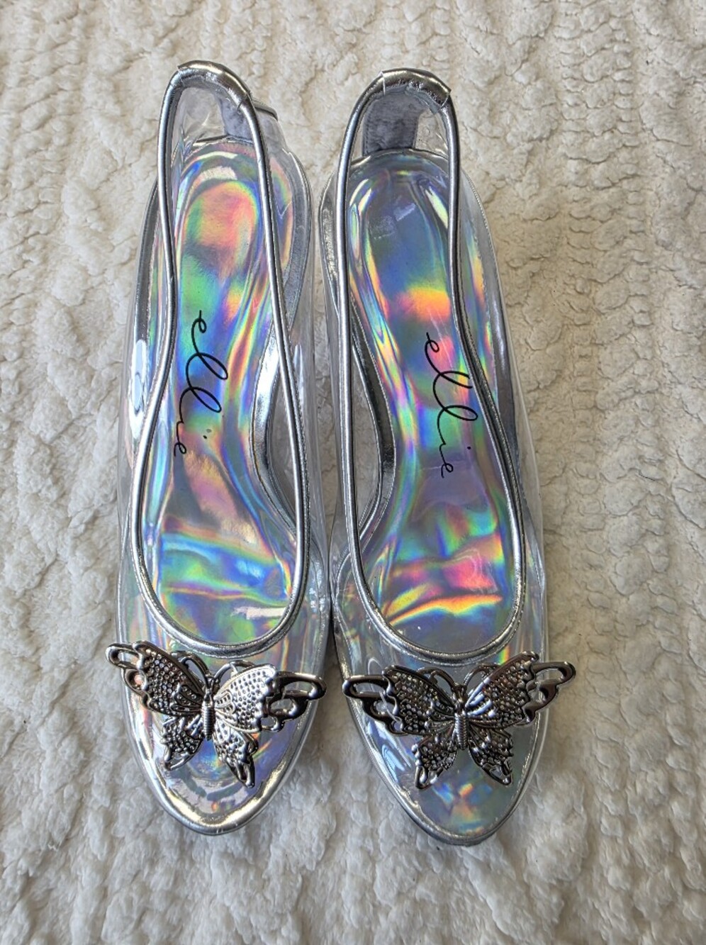 Ellie Silver Holographic Butterfly Clear Kitten Heels Size 7